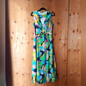 Vintage Floral Multicolor Handmade V Neck Sleeveless Maxi Dress WM Size S/M